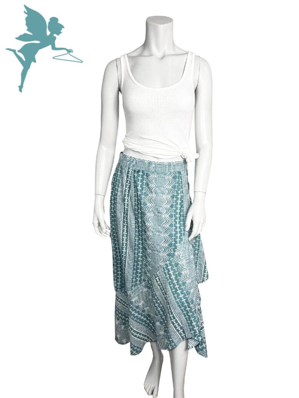 JULIA AMORY Turquoise White Tribal Geometric Ikat Linen Midi Skirt XS